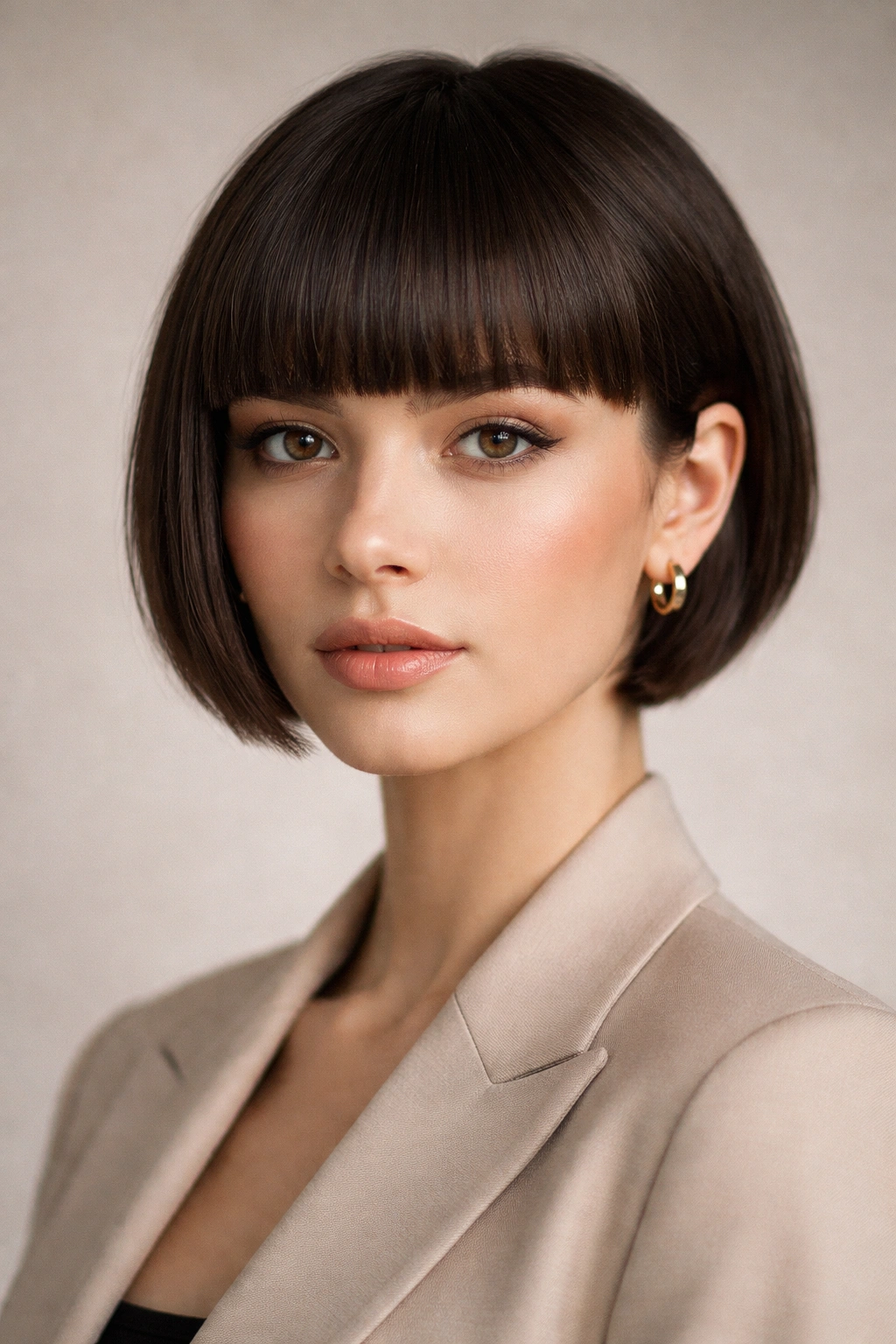 Portrait of Blunt Fringe With Tapered Sides showing a sharp fringe and tapered sides