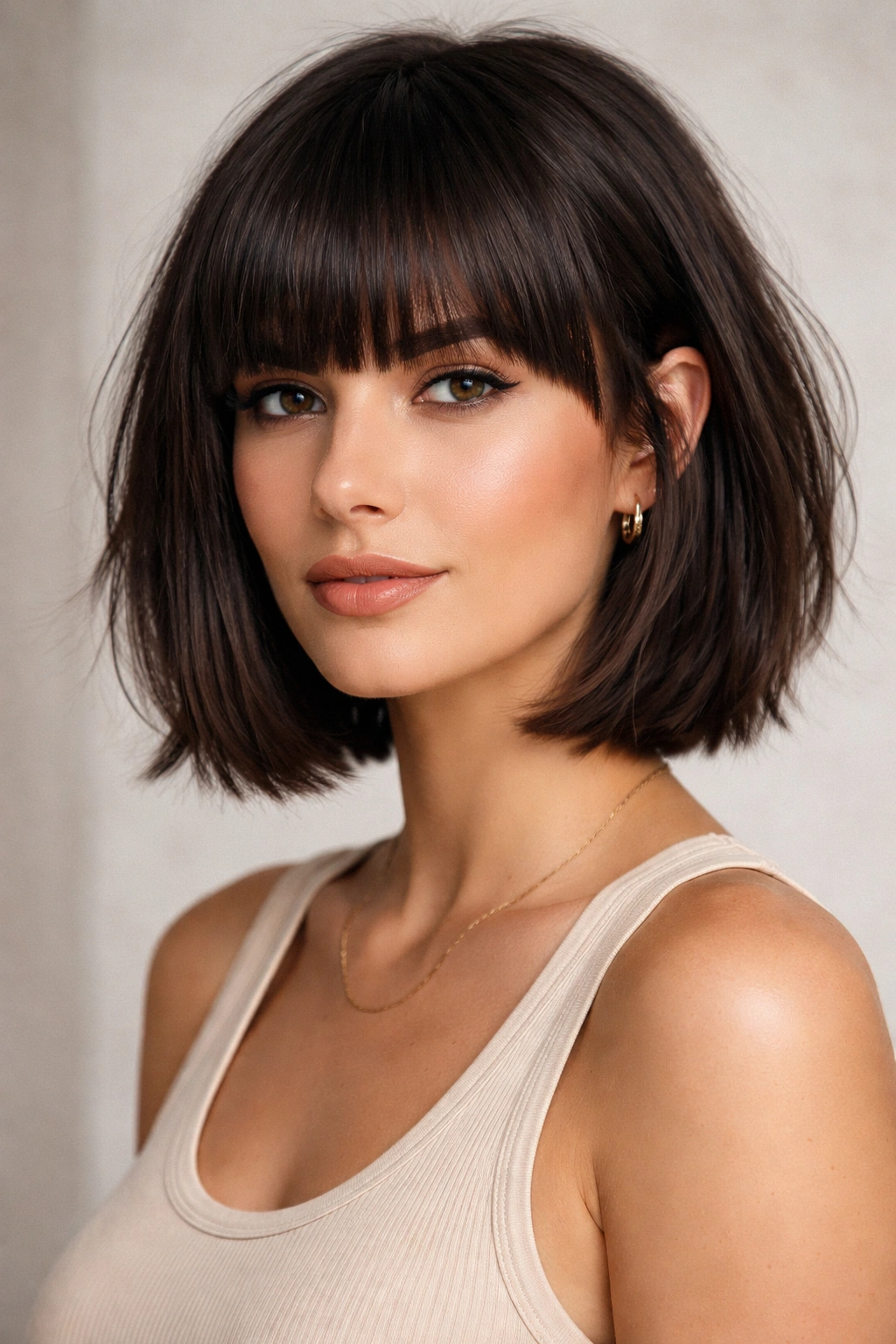 15 Short Low Maintenance Cuts For A Busy Life 10 Front-quarter view of The Blunt Fringe with Textured Layers hairstyle on a model in studio