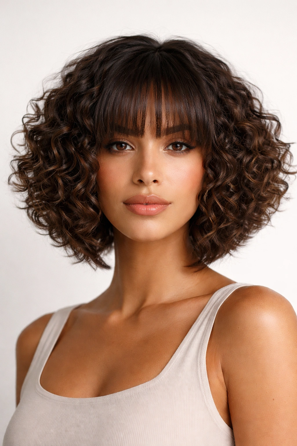 Close-up of blunt-front angled bob showing crisp front line on curls