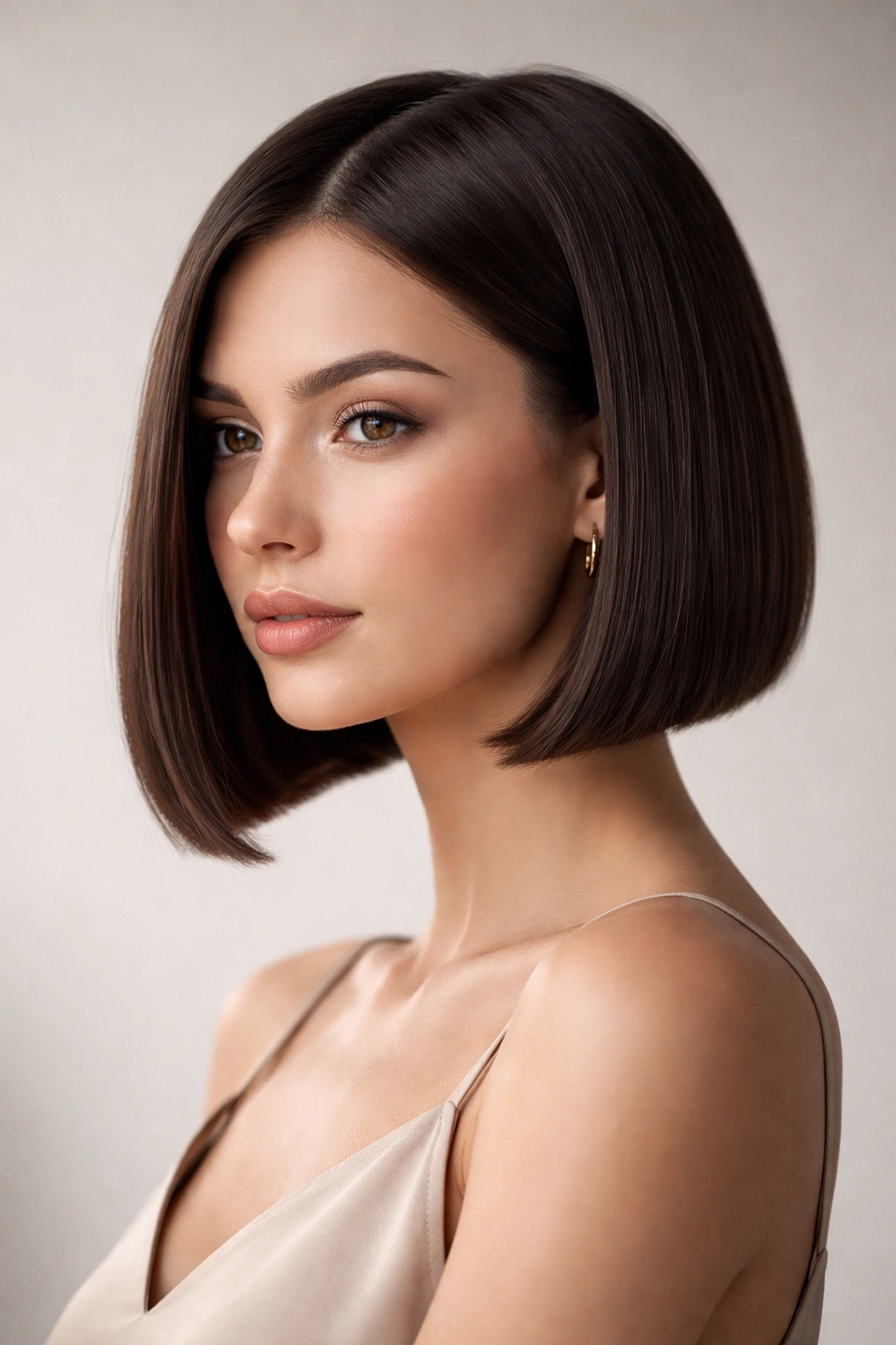 Frontal view of a blunt geometric bob with sharp, clean lines
