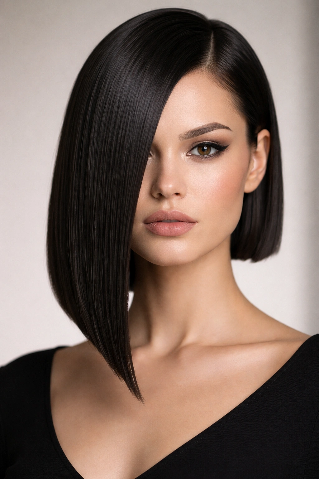12 Asymmetrical Bobs From Subtle To Statement 3 Full-face portrait of a blunt geometric asymmetrical bob with sharp lines.