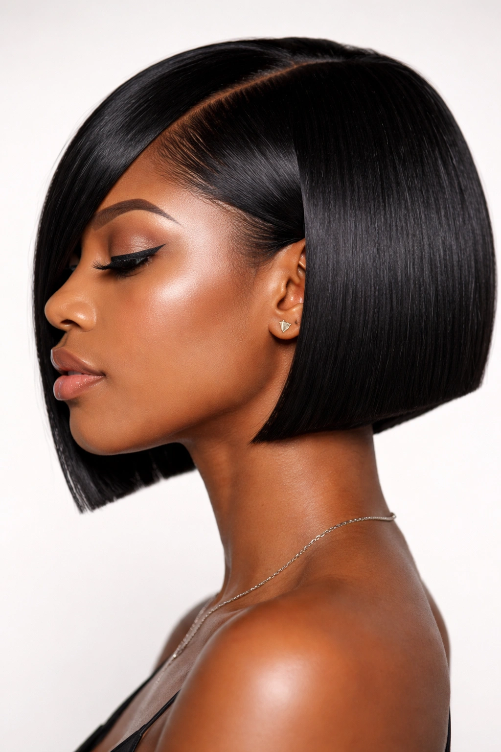 Close-up of a head with a blunt geometric haircut on relaxed hair.