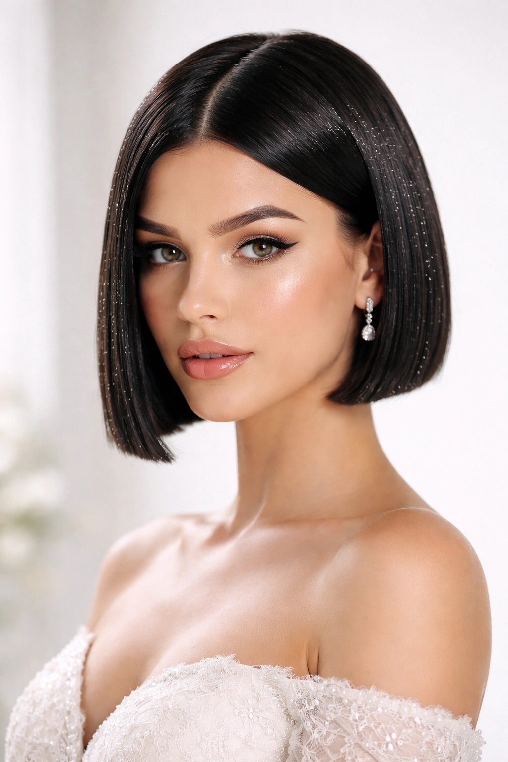 Blunt geometric short cut with subtle glitter at the edges
