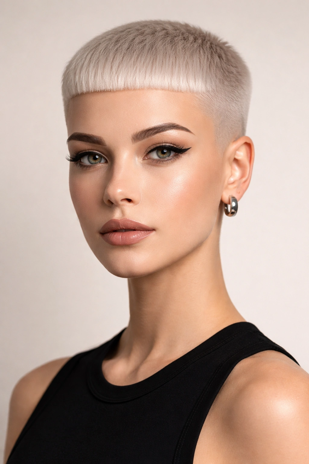 Portrait of blunt geometric pixie with sharp, even top and shaved sides