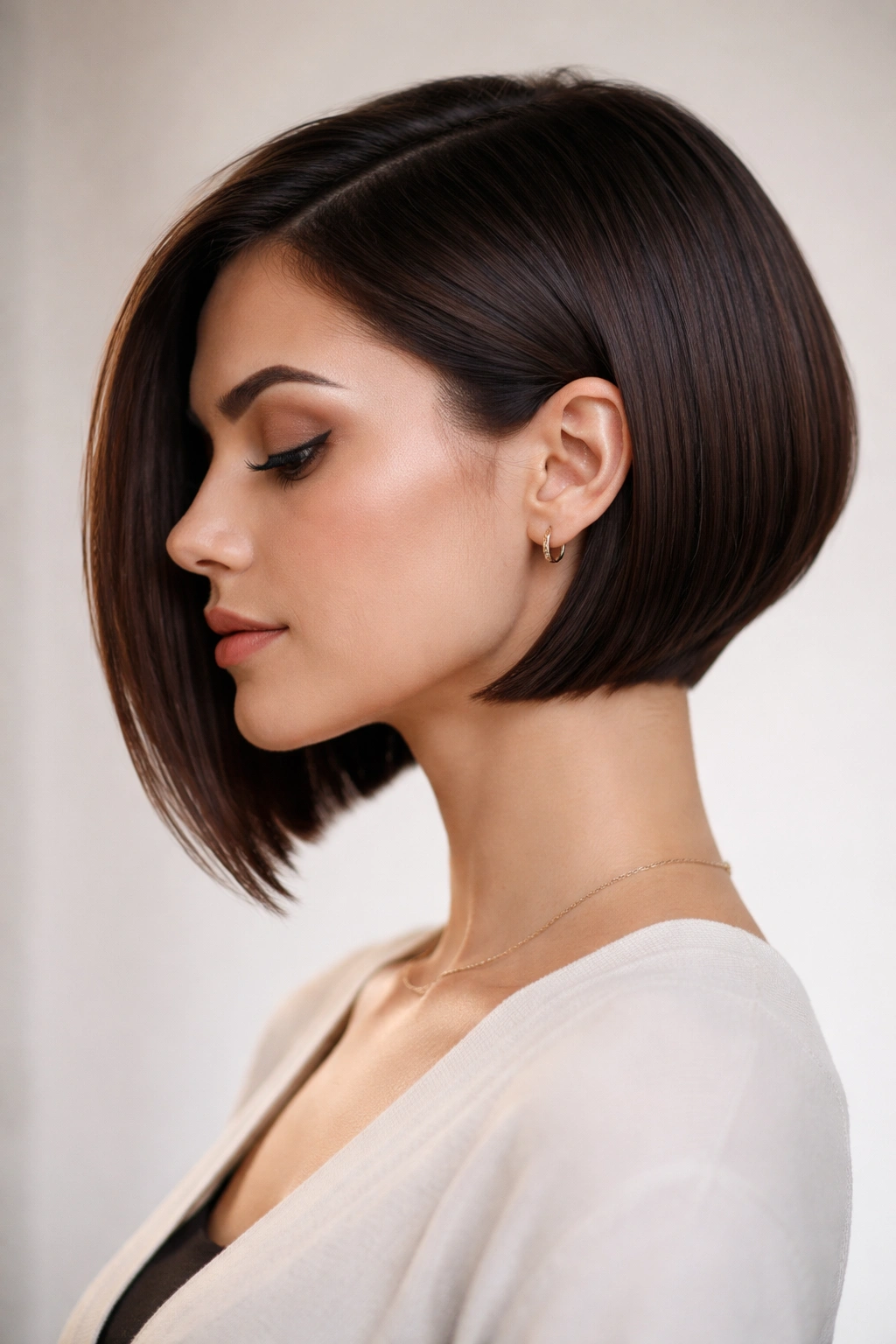 10 Inverted Bob Cuts That Add Volume And Shape 1 Close-up of a person with a blunt inverted bob showing sharp back and longer front.