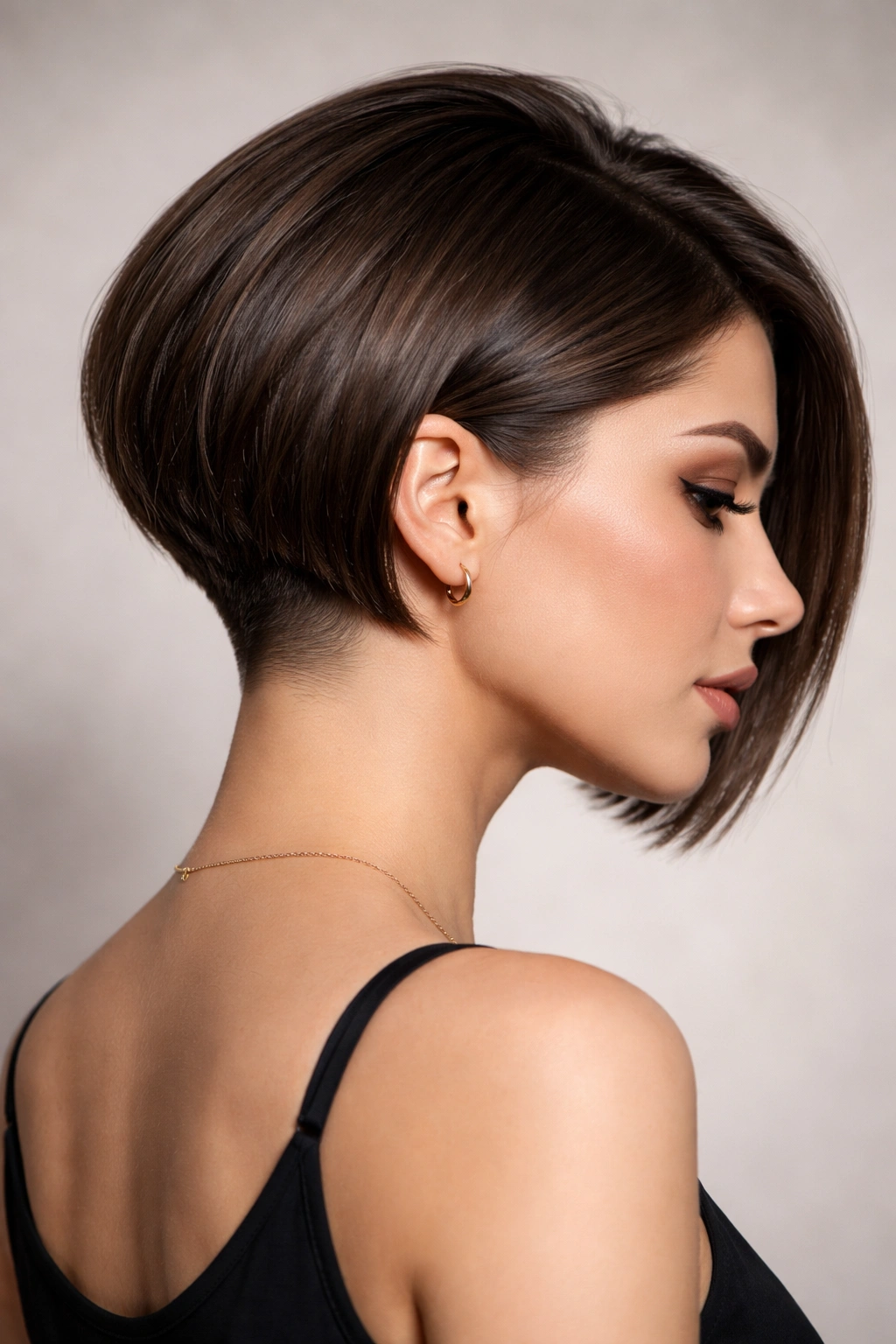 Blunt inverted bob showing a sharp front line and undercut at the nape.