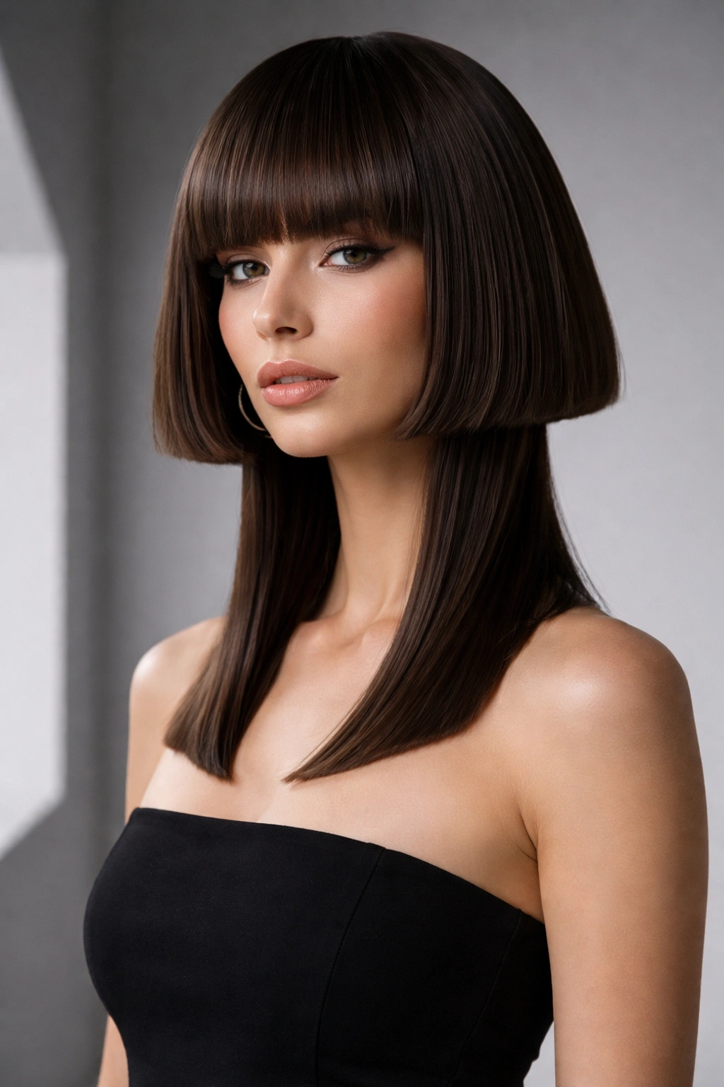 10 Jellyfish Haircuts For Trend Loving Women 6 Model with blunt jellyfish haircut featuring sharp, geometric lines.