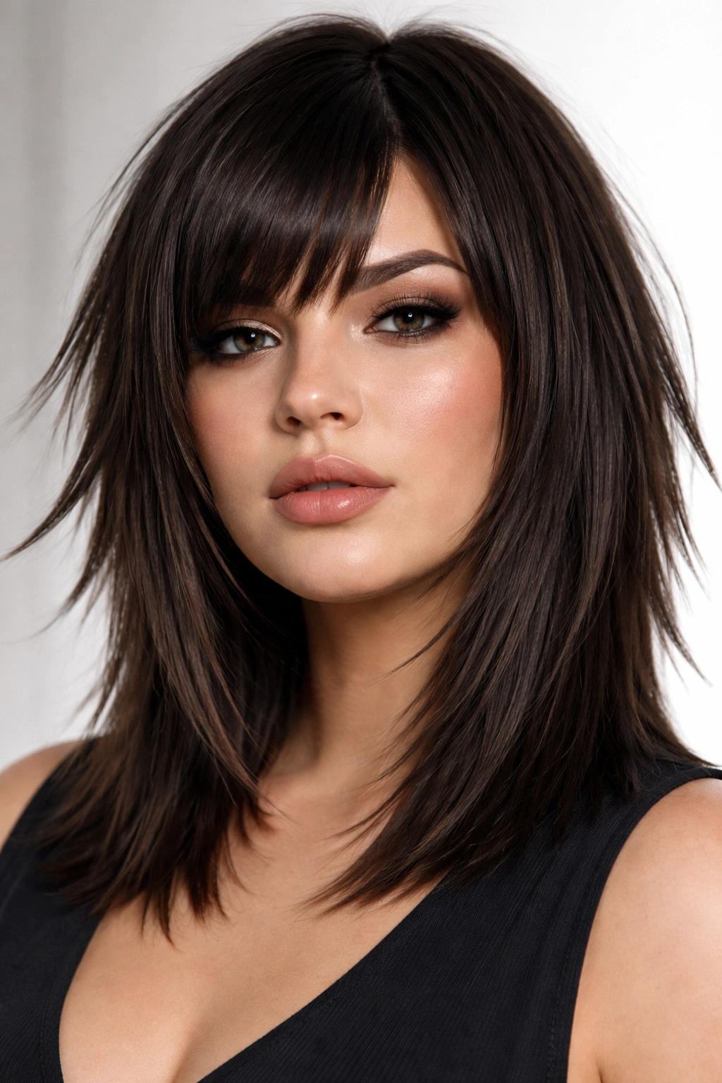 Close-up of blunt layered haircut with razor-sharp texture