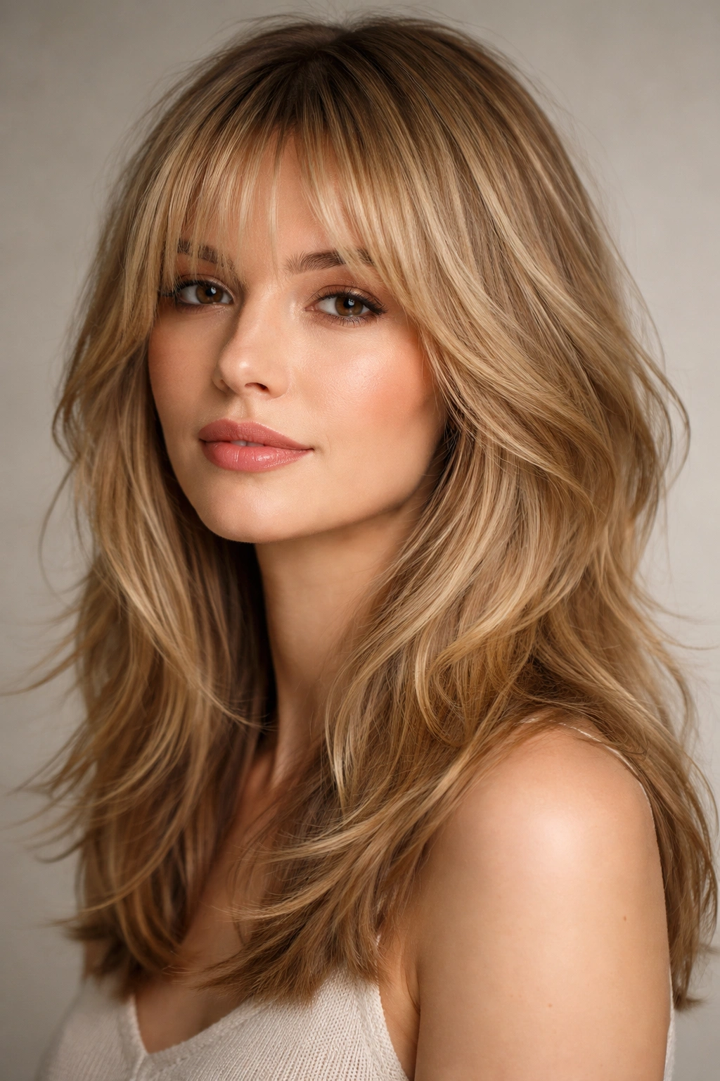 Close-up of fine, wavy hair styled in blunt layers with texture