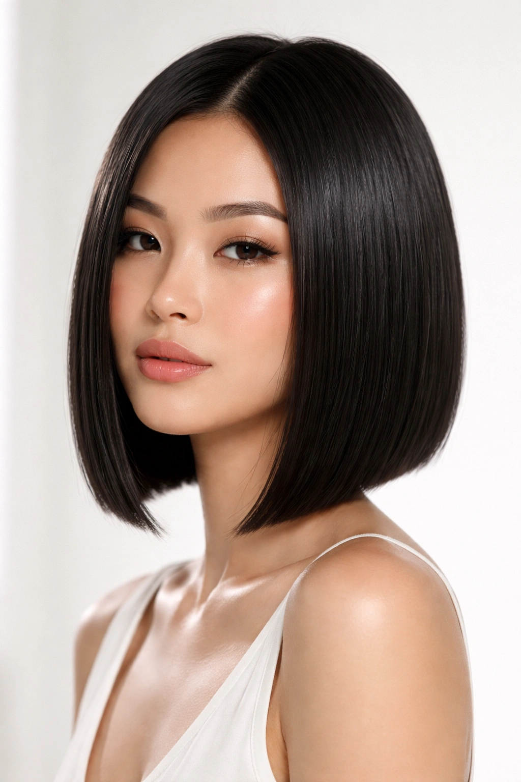 Asian woman with a sleek blunt lob, chin-length cut with sharp edge and smooth straight hair