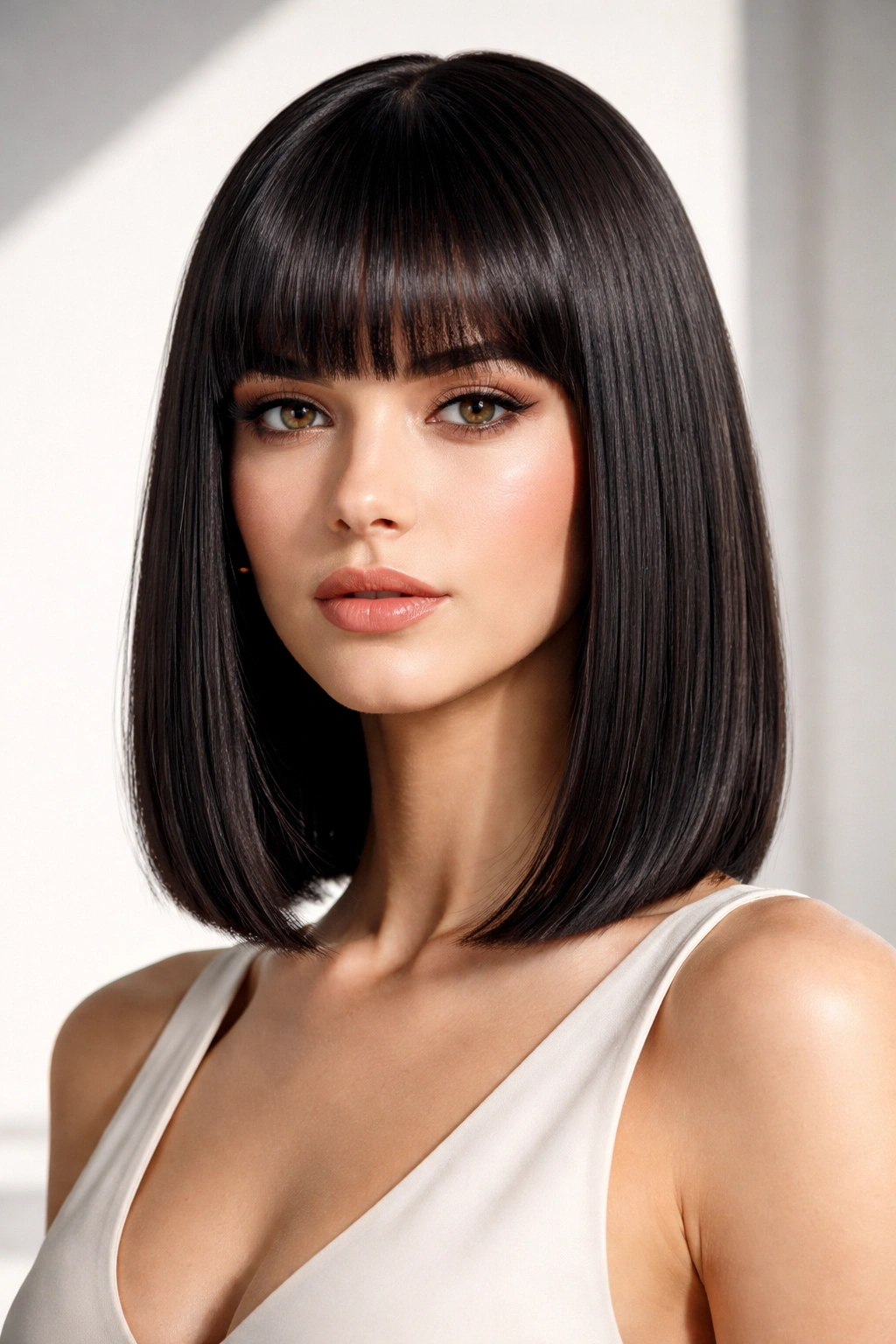Blunt-end straight-across lob with blunt bangs and sharp edges