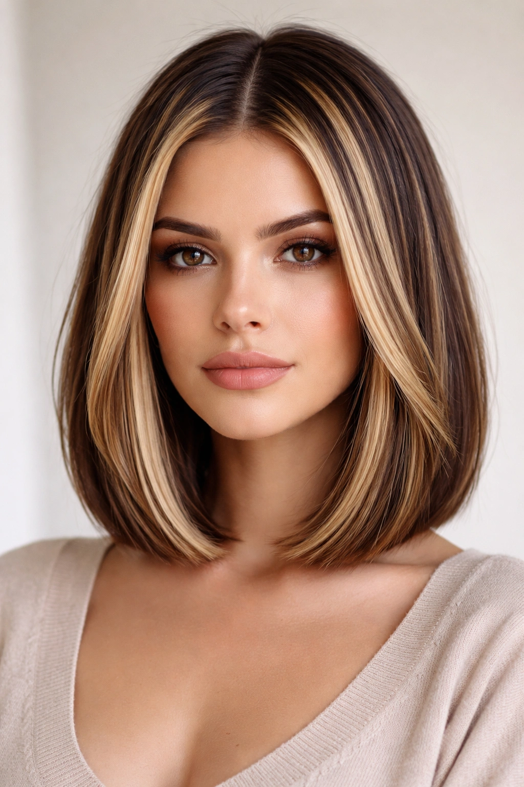 Blunt long bob with chunky highlights at crown and mid-lengths