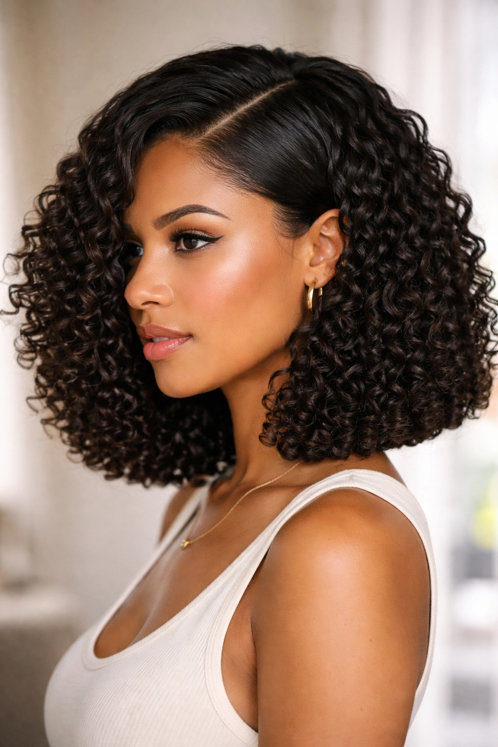 Blunt lob with a deep side part and crisp ends