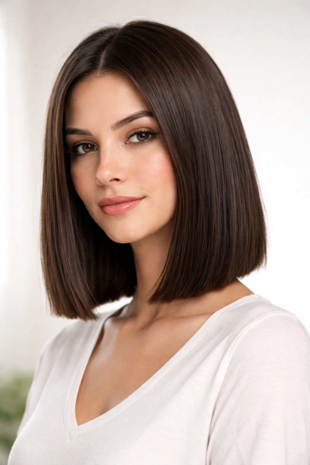 Shoulder-length blunt lob with a crisp, straight hem