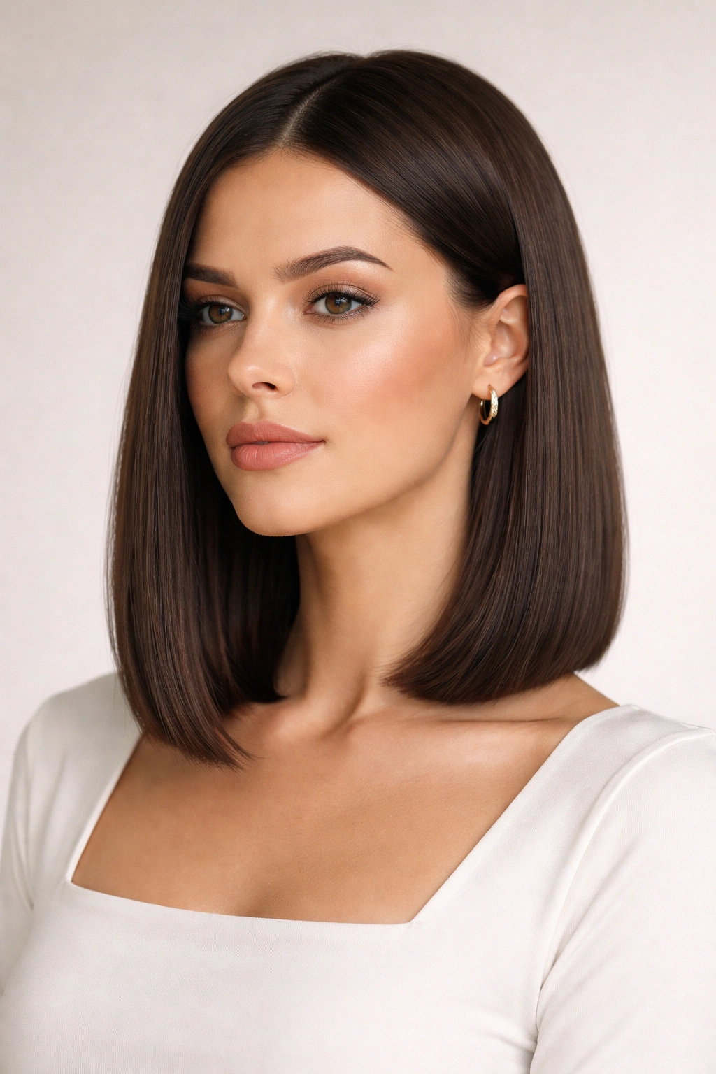 Blunt lob with crisp edge at shoulder to collarbone length