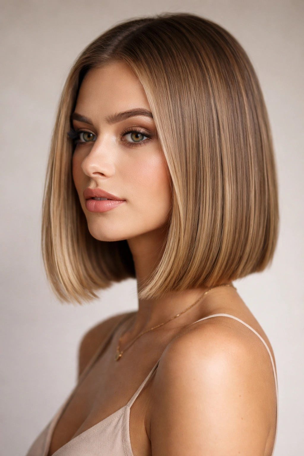 Blunt lob hairstyle with a sharp, chin-length edge in studio lighting.