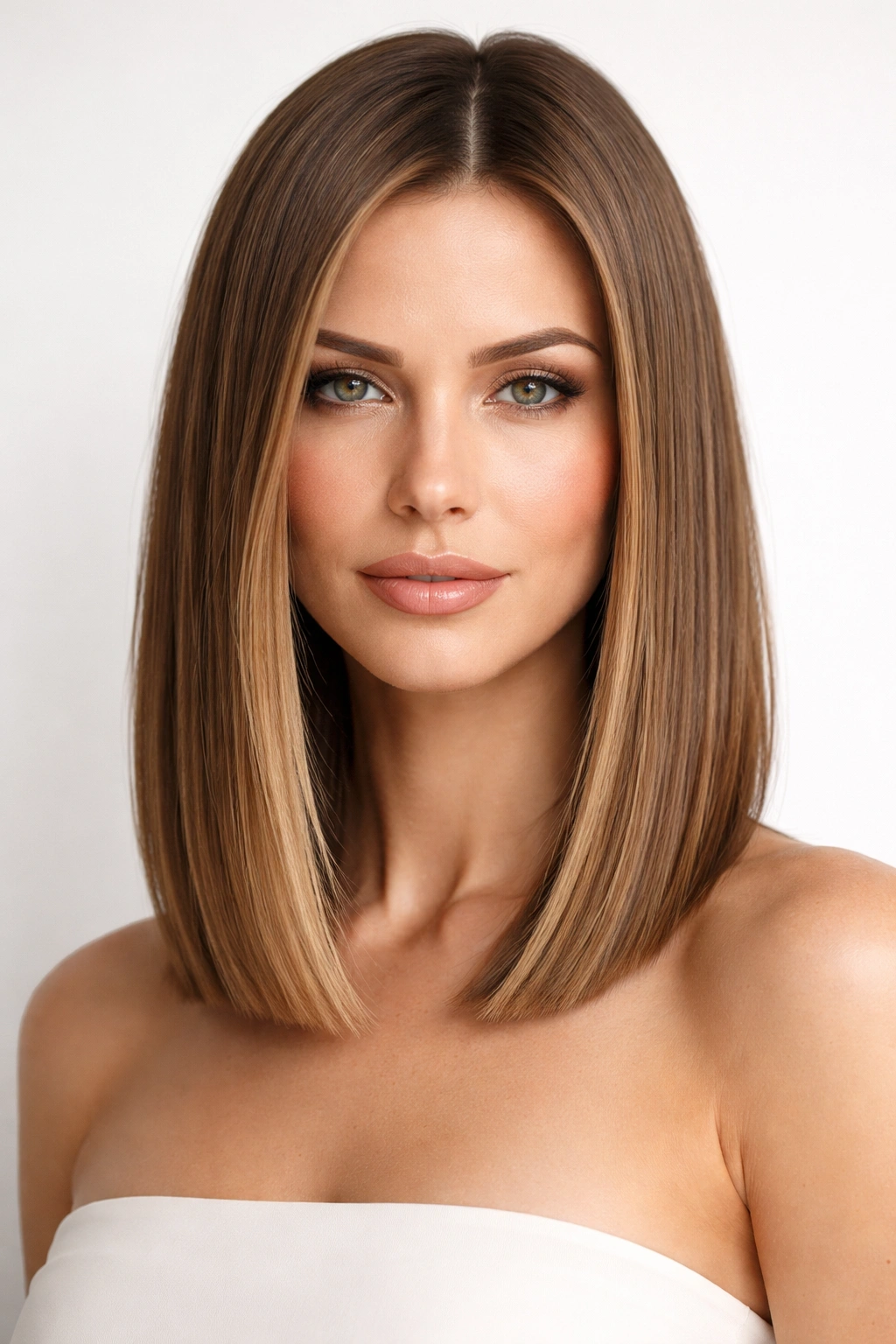 Blunt lob hairstyle with crisp, blunt ends at collarbone length in a studio portrait.