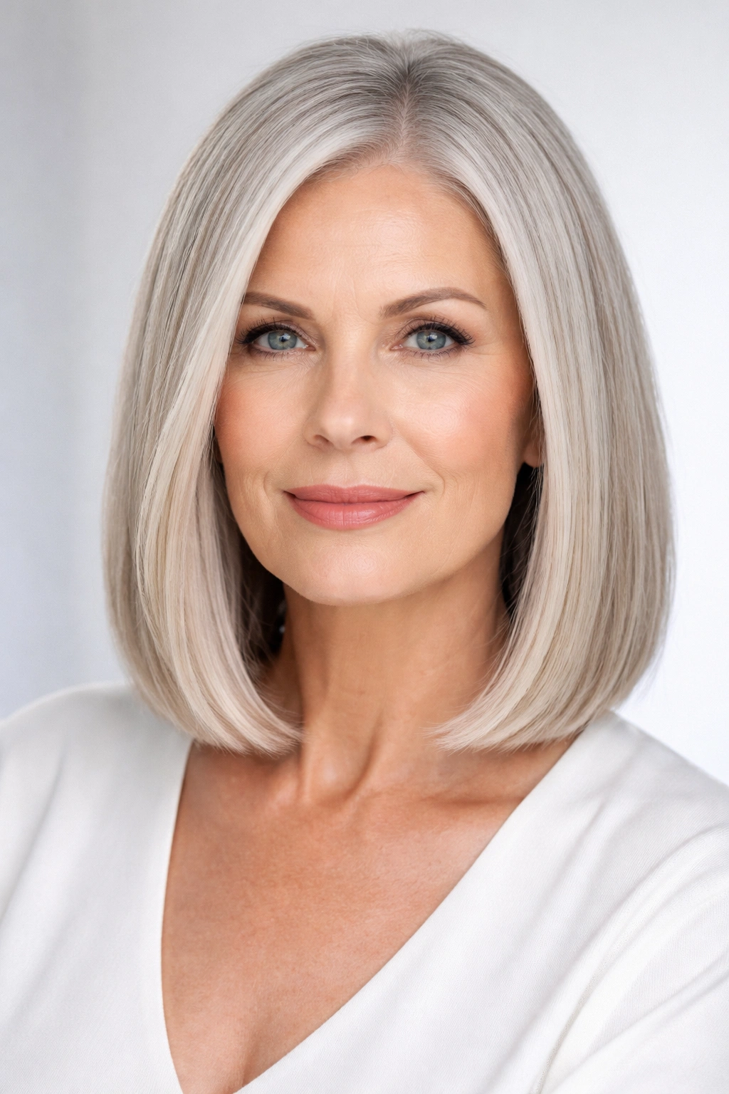 Blunt lob hairstyle with a crisp straight edge on shoulder-length hair
