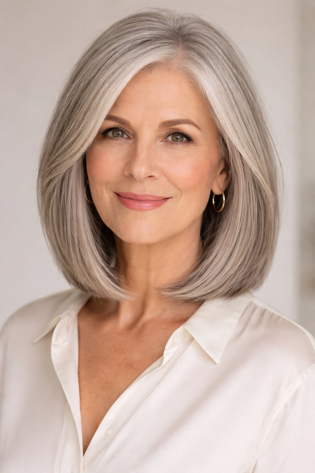 Thick-haired woman with a blunt lob featuring clean lines and subtle layers.