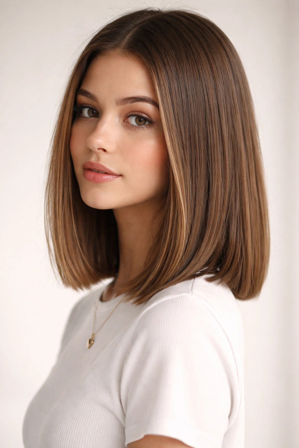 Blunt lob hairstyle with straight-across ends in studio lighting