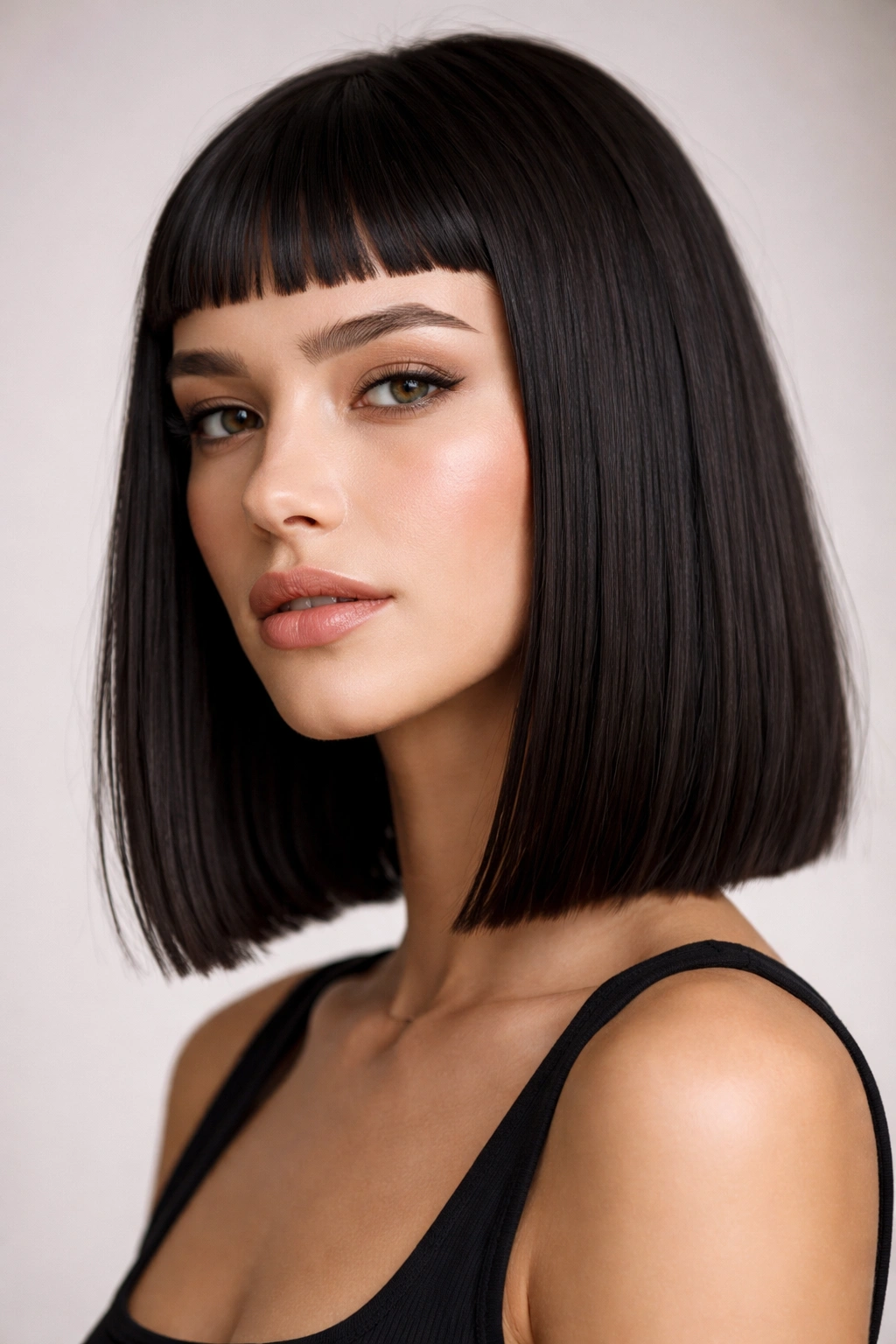 Close-up portrait of blunt lob with micro bangs on straight hair