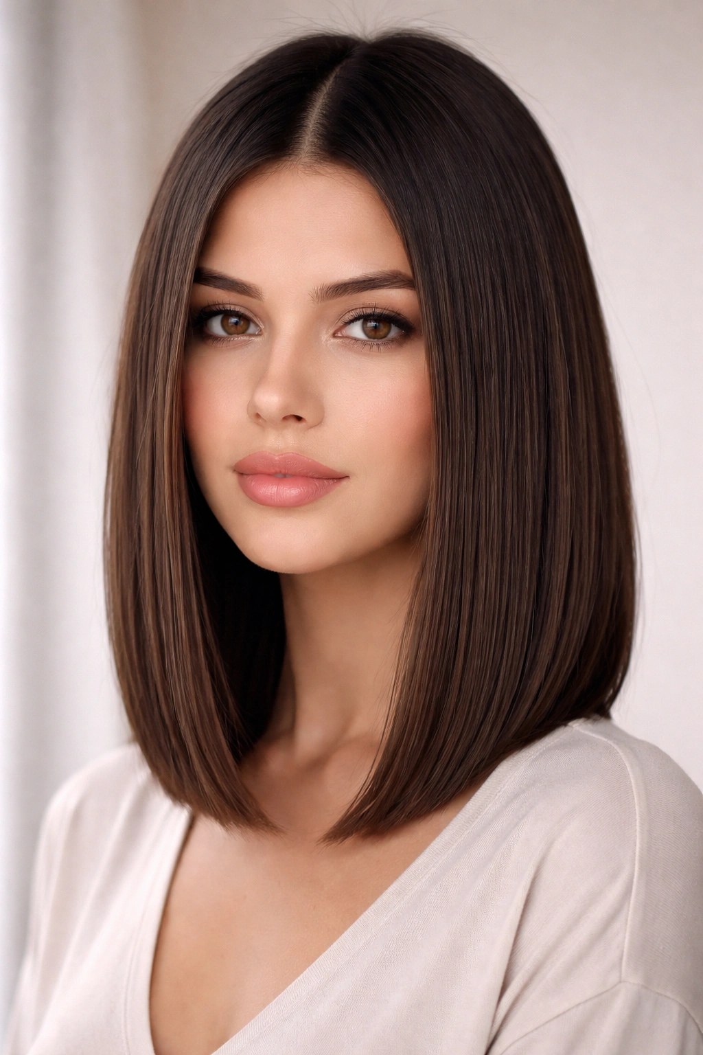 Shoulder-length blunt lob with crisp ends and minimal layers