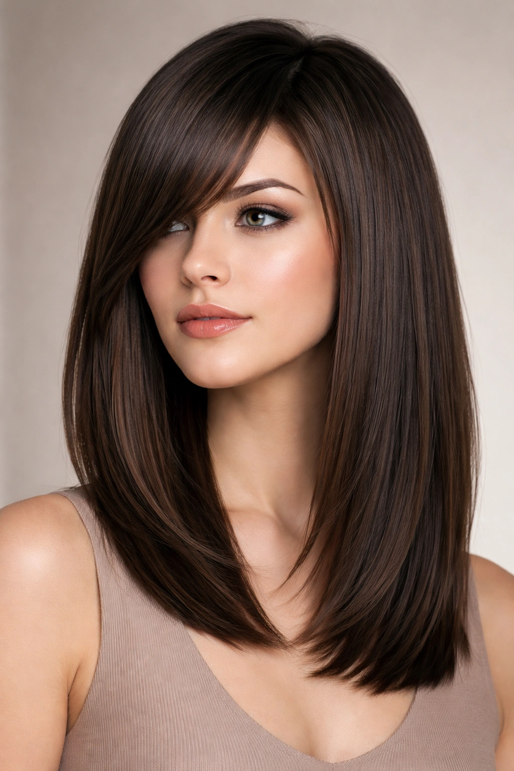 Blunt long bob with side bangs highlighting diagonal framing for round face.