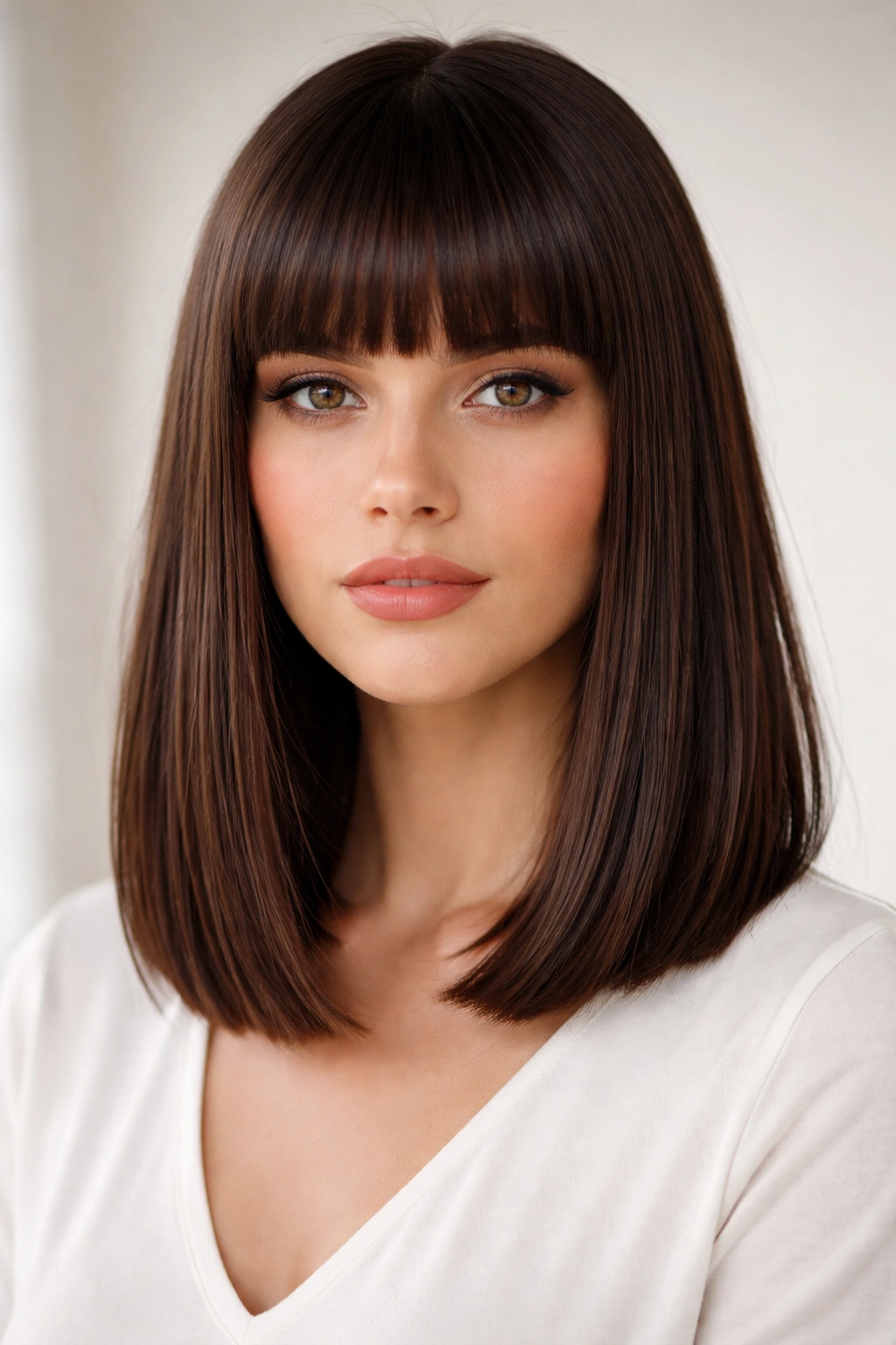 20 Long Face Hairstyles With And Without Bangs 2 Blunt lob hairstyle with straight-across bangs creating a bold horizontal frame