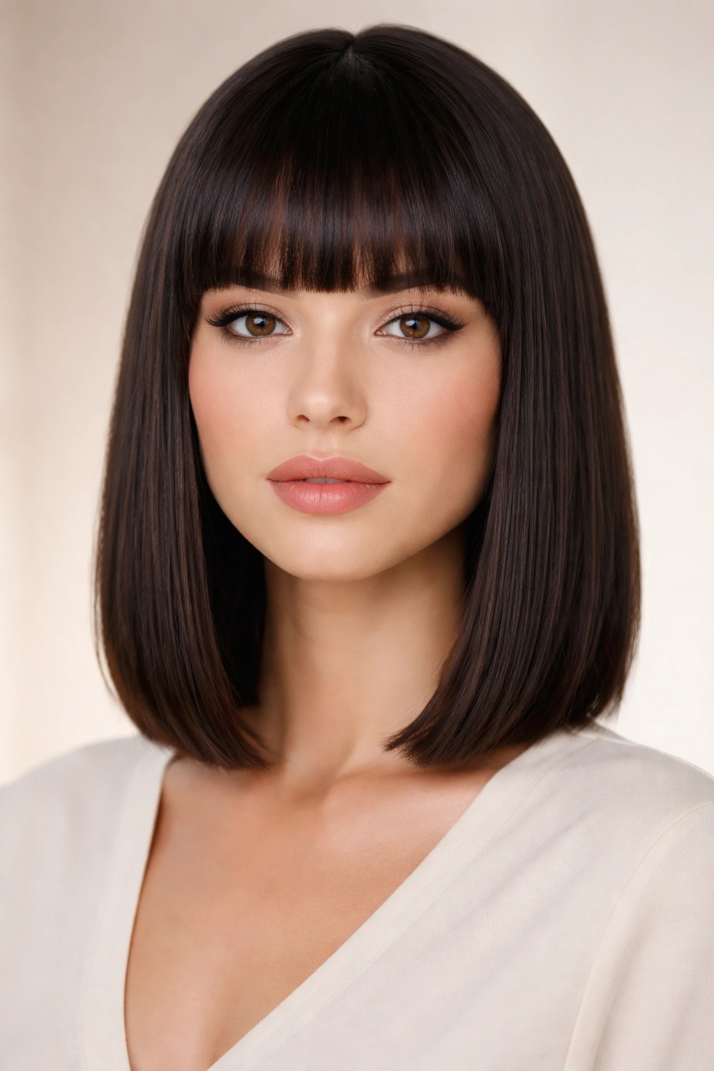 Blunt lob with straight bangs on a model in a clean studio showing crisp edges.