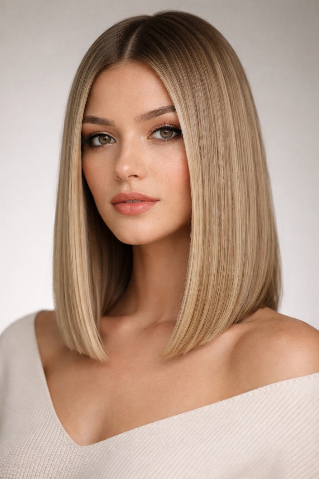 Blunt lob hairstyle with one-length edge around collarbone.