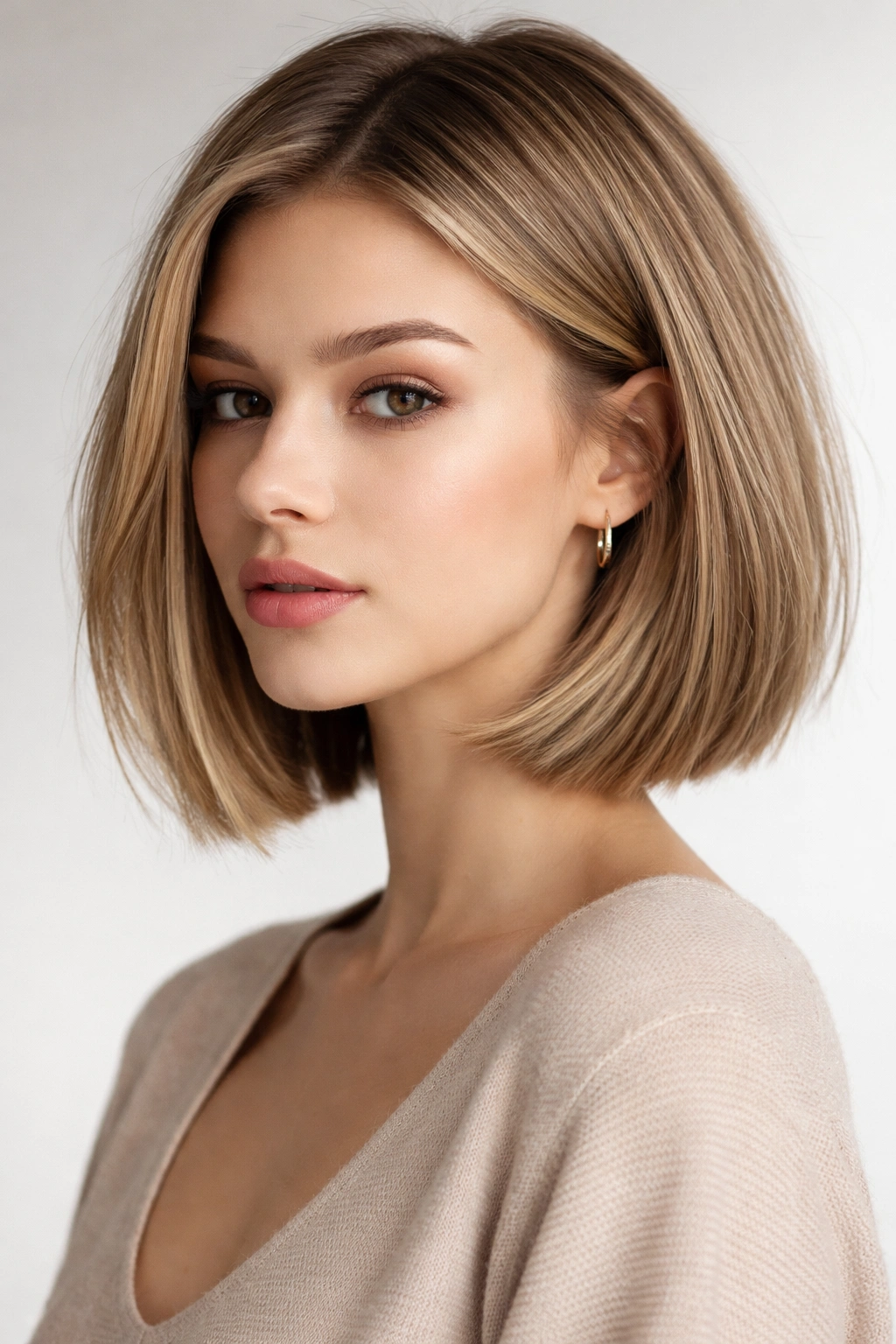 Chin-length blunt lob with internal texture and layered interior.