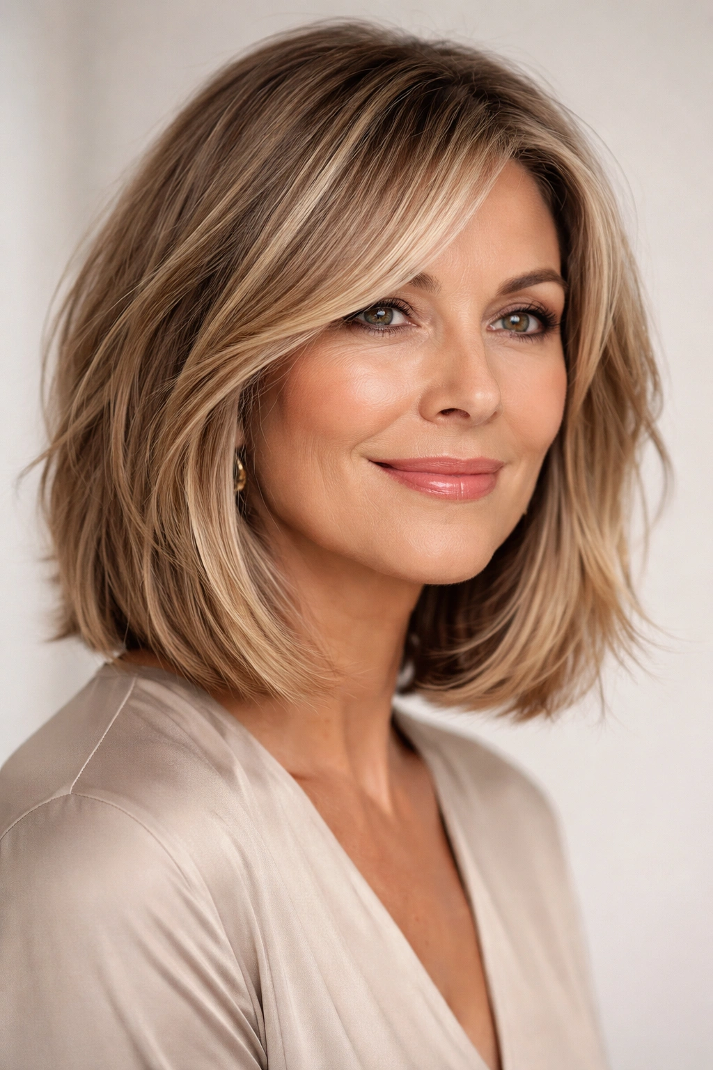 15 Youthful Haircuts That Flatter Older Women 14 Close-up of chin-to-shoulder blunt lob with choppy texture and dimensional color