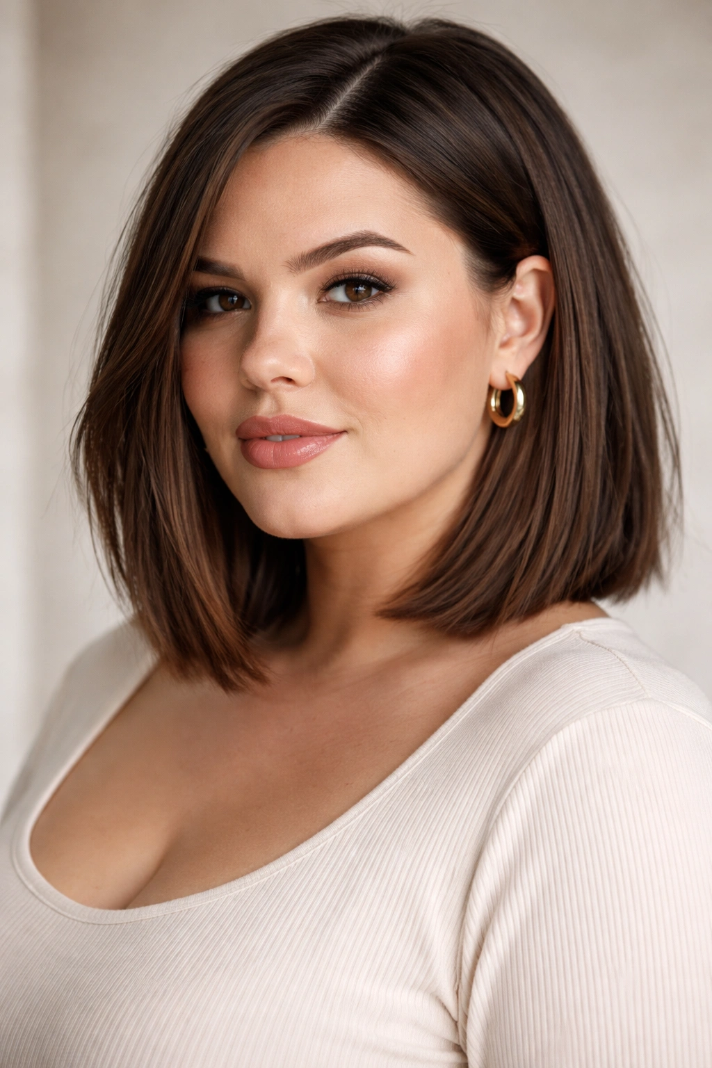 Plus-size woman with blunt lob and textured ends