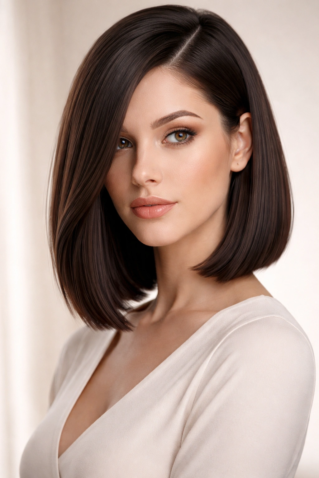 Sleek blunt long bob with deep side part and crisp ends