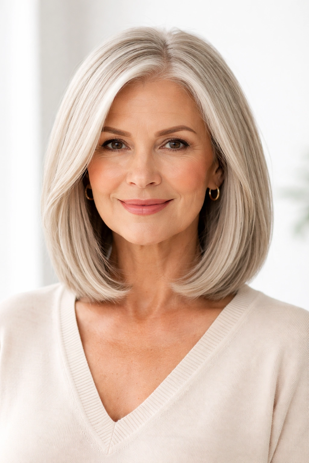 Mature woman with blunt long bob and subtle layers