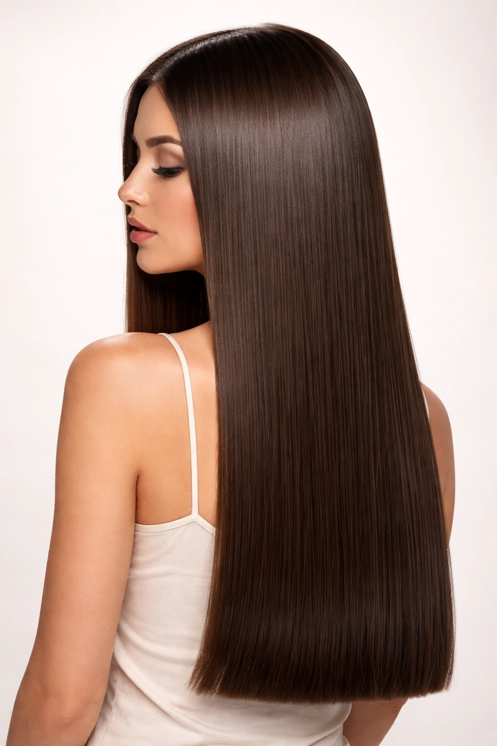 Long straight hair with a blunt cut at the ends