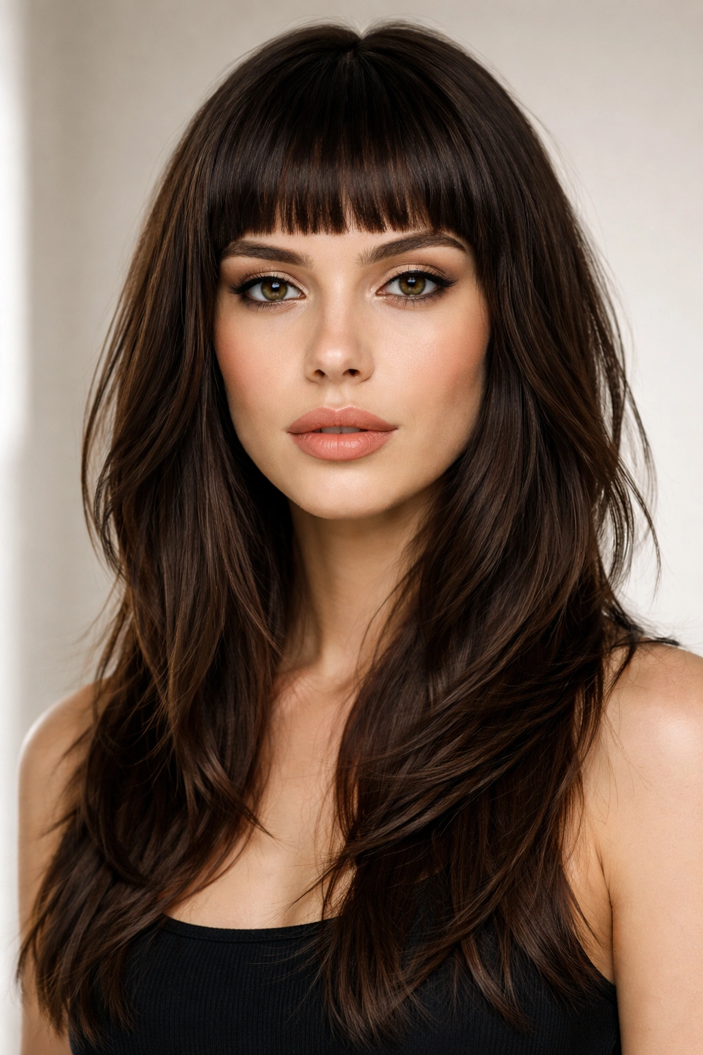 Blunt micro bangs with longer layered hair
