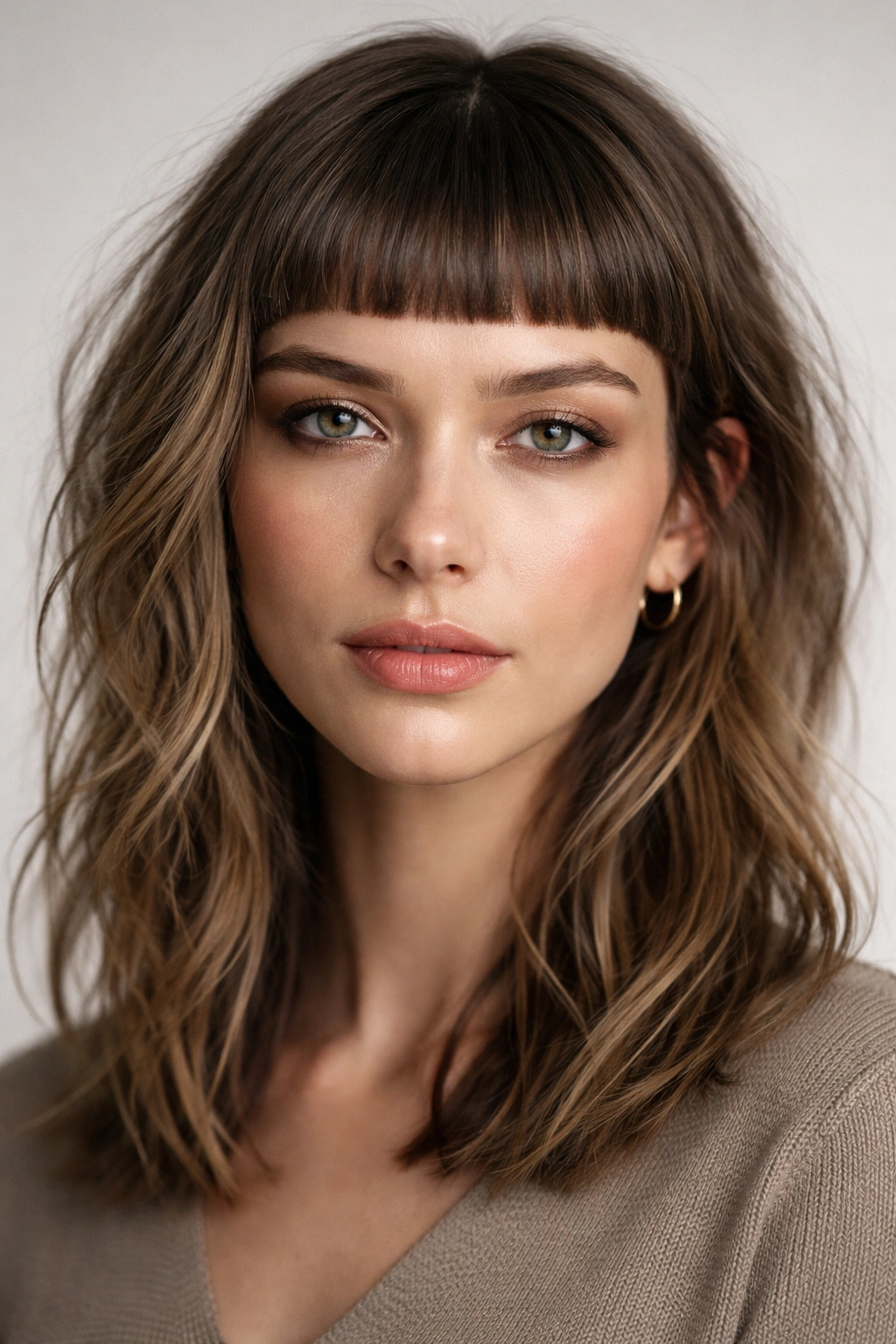 Close-up of blunt micro bangs with textured hair