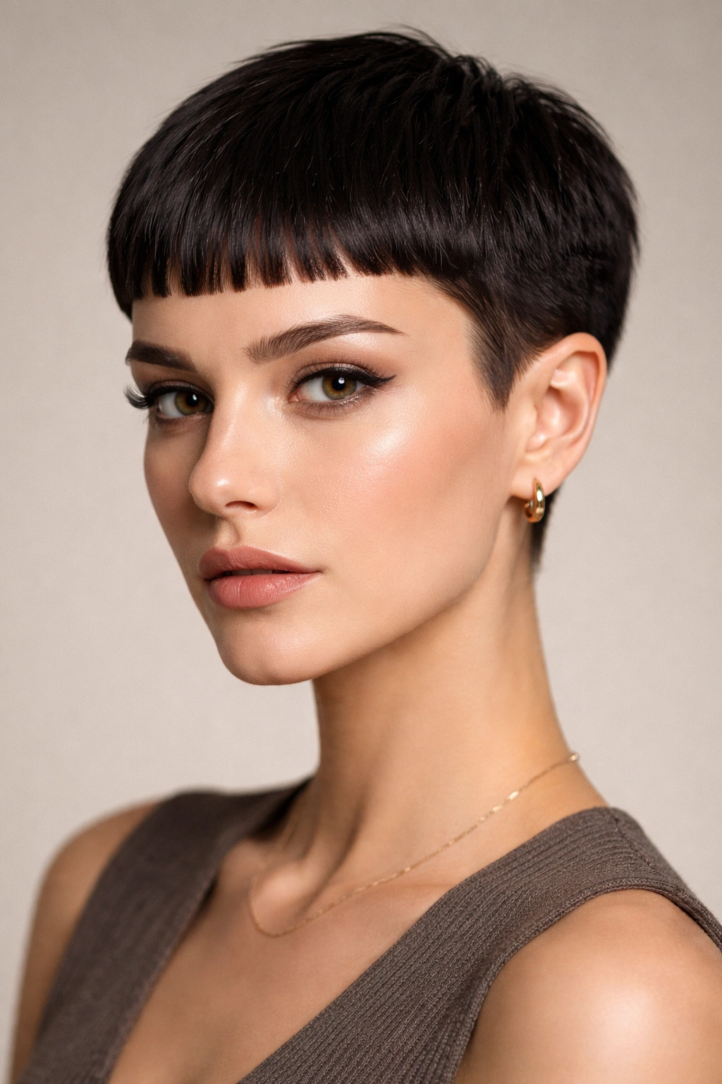 Close-up portrait of a model with blunt micro bangs and short sides, thick hair