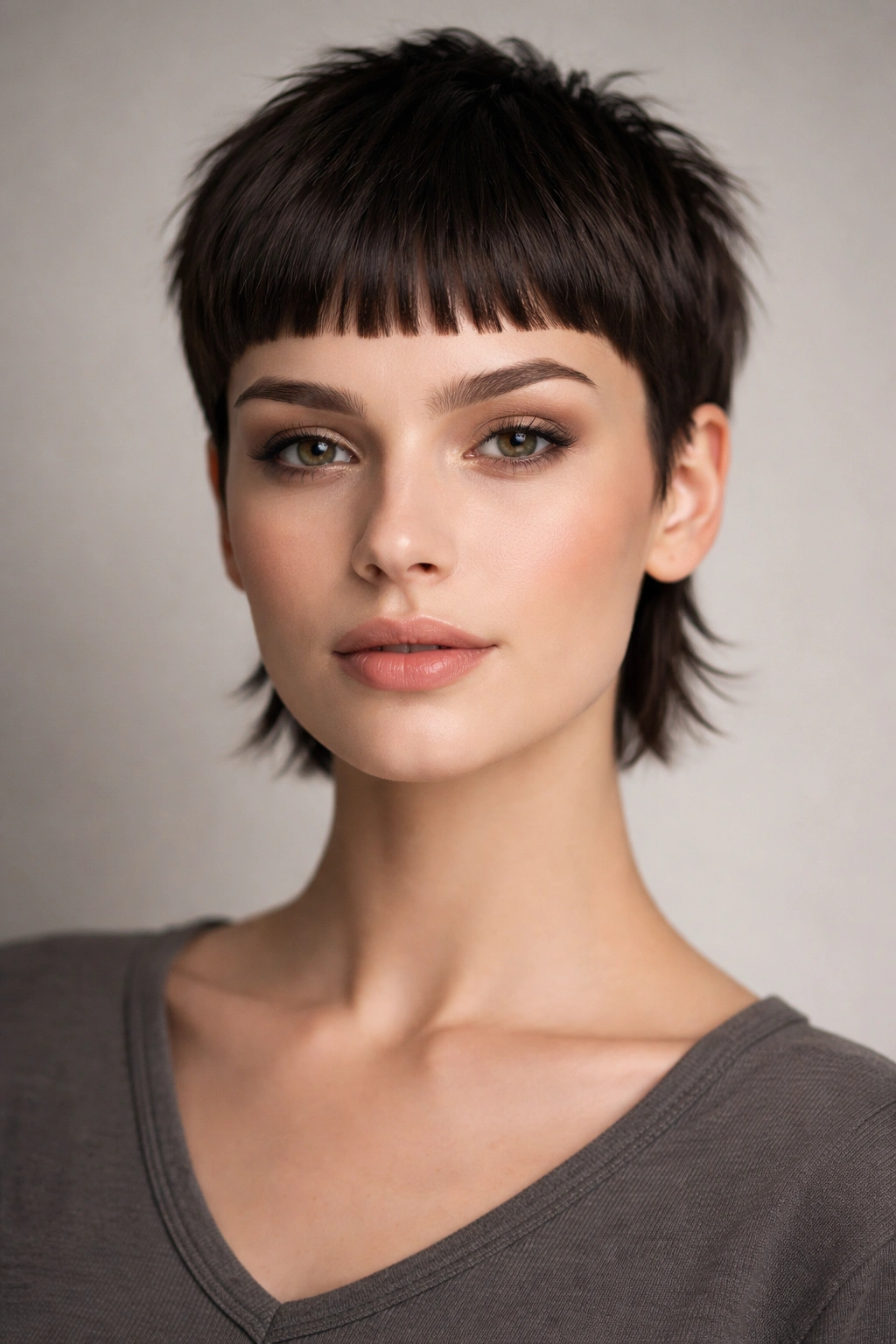 Close-up portrait of a woman with blunt micro bangs and short layered hair, studio lighting