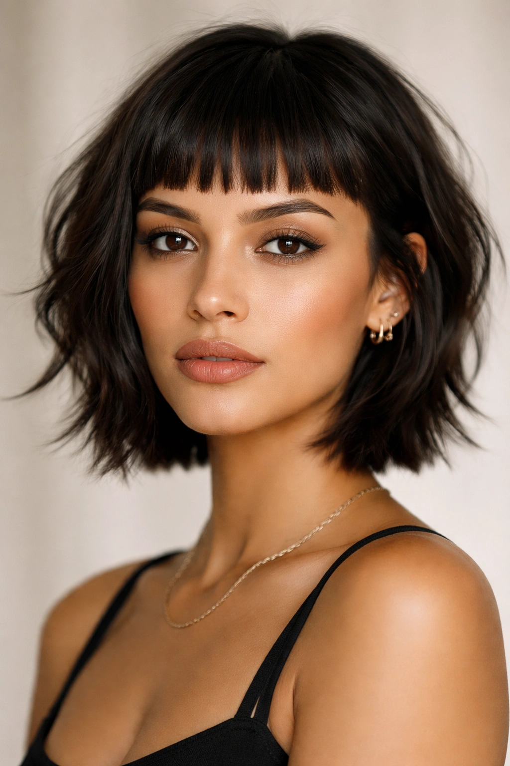 Latina woman with blunt micro bangs and short layered hair in studio portrait