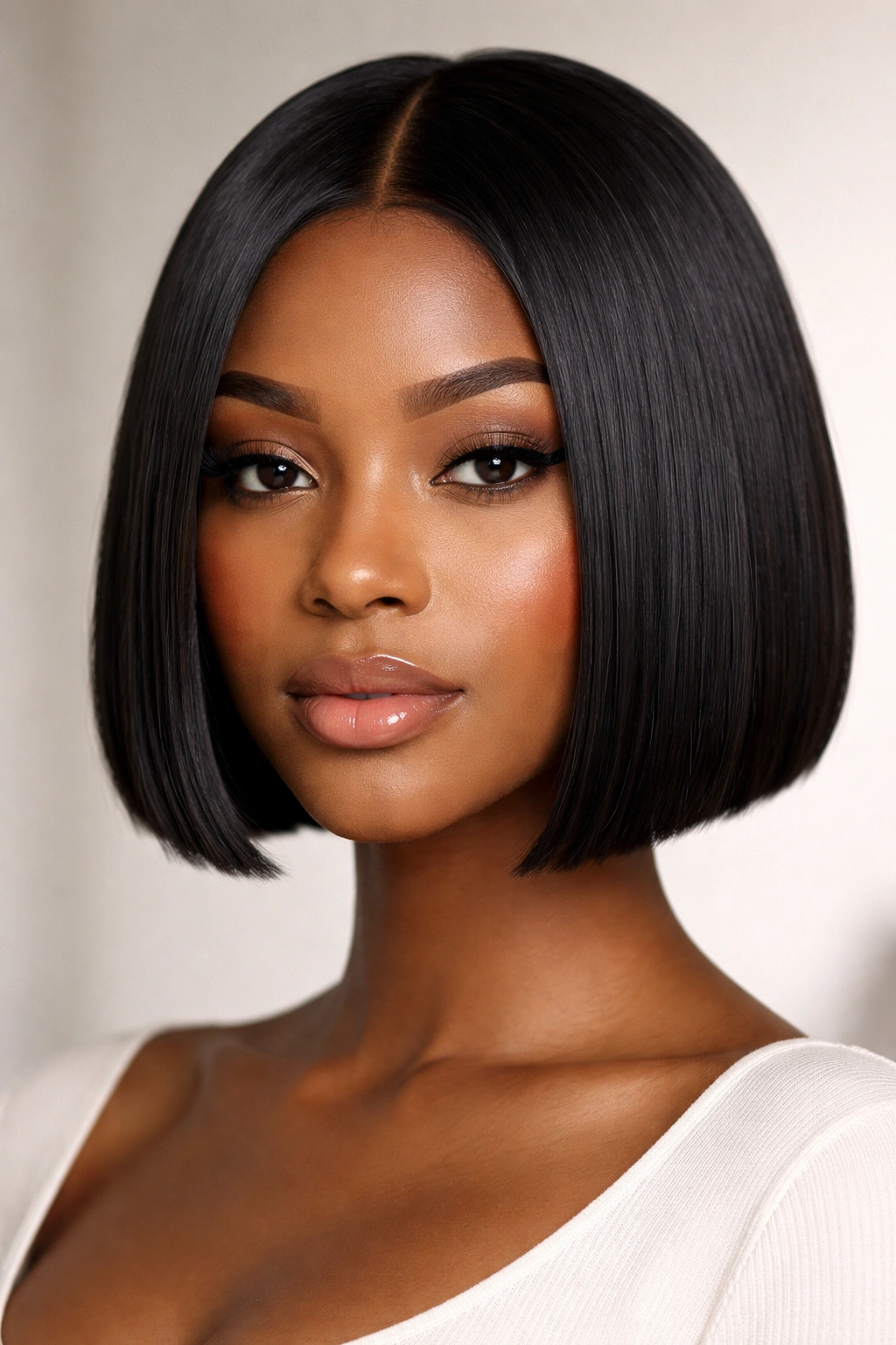 Black woman with a blunt micro bob and crisp, even ends.