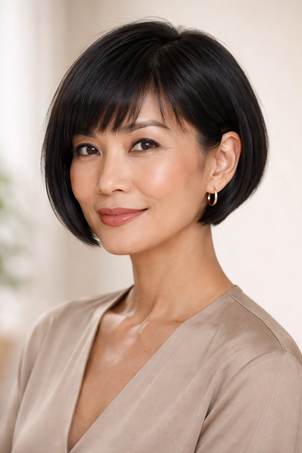 Asian woman over 50 with a blunt micro bob featuring crisp, blunt lines