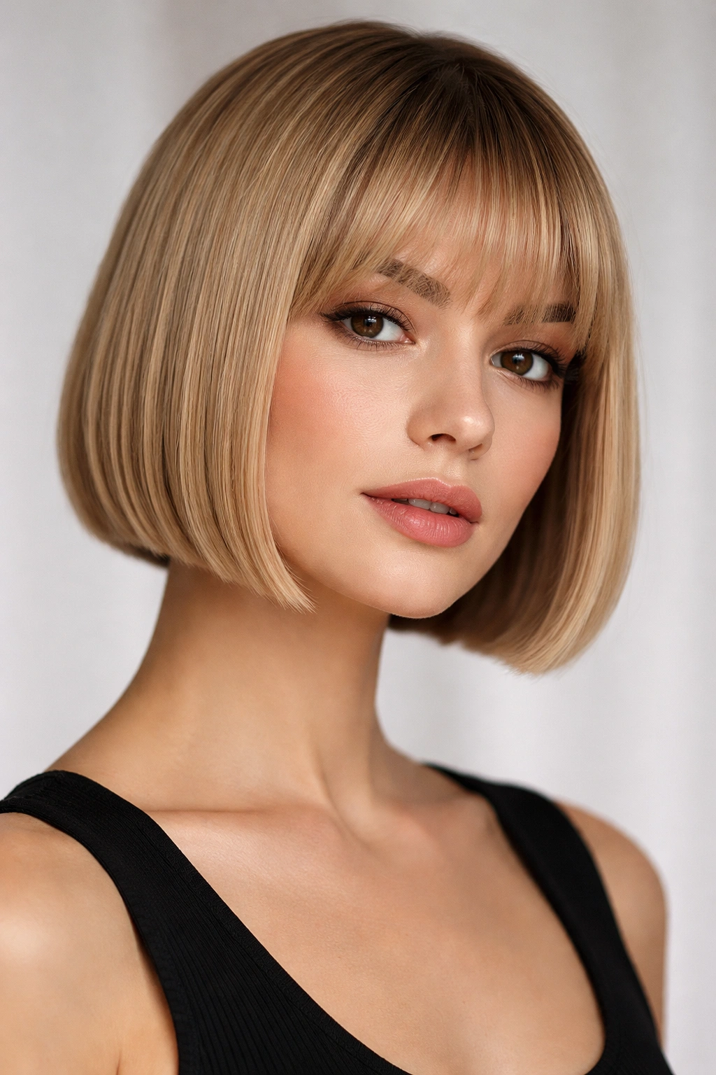 Close-up of a model with a blunt micro bob showing a crisp blunt edge and dense strands.