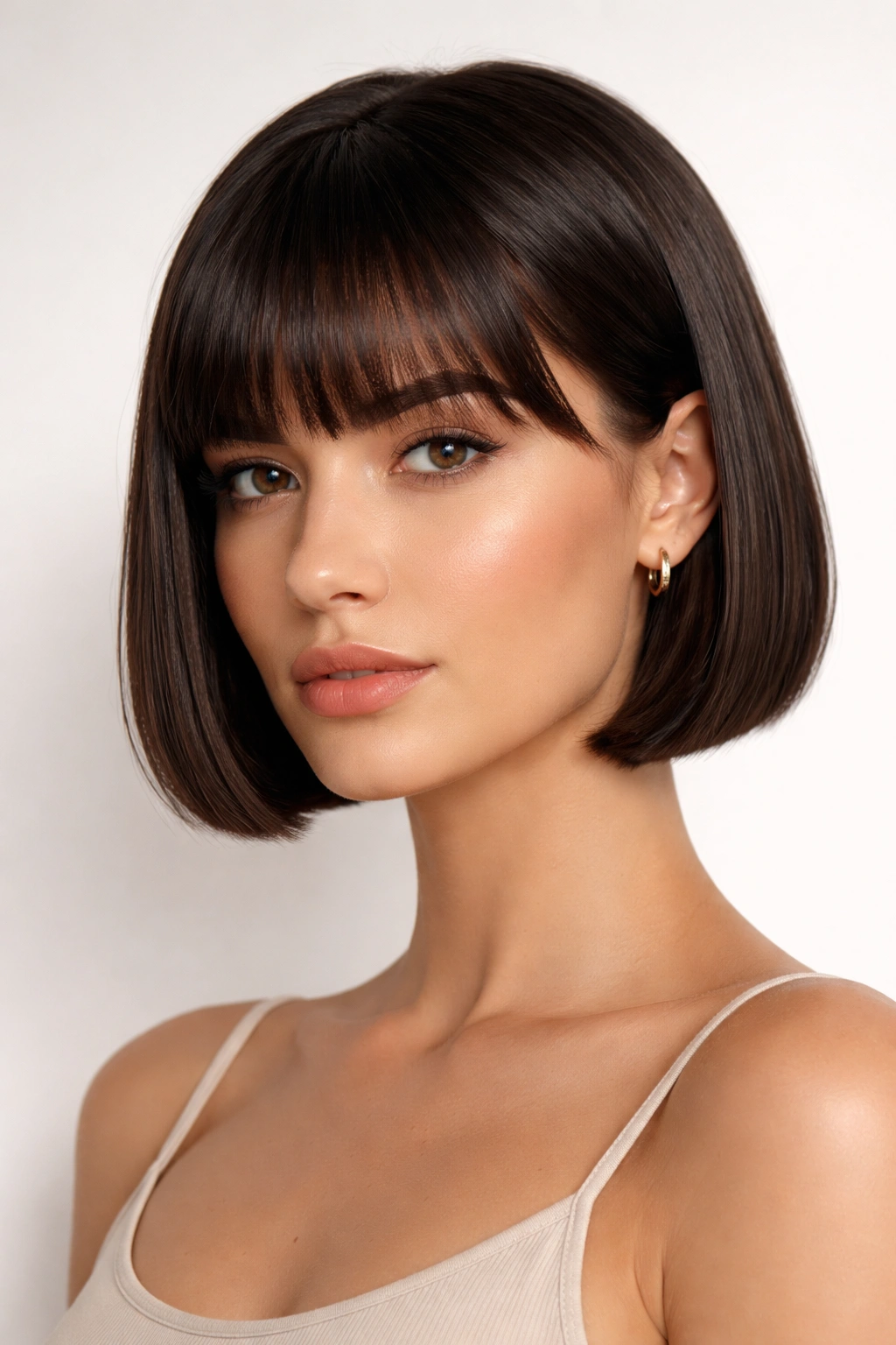 Blunt micro-bob hairstyle with a sharp, even cut