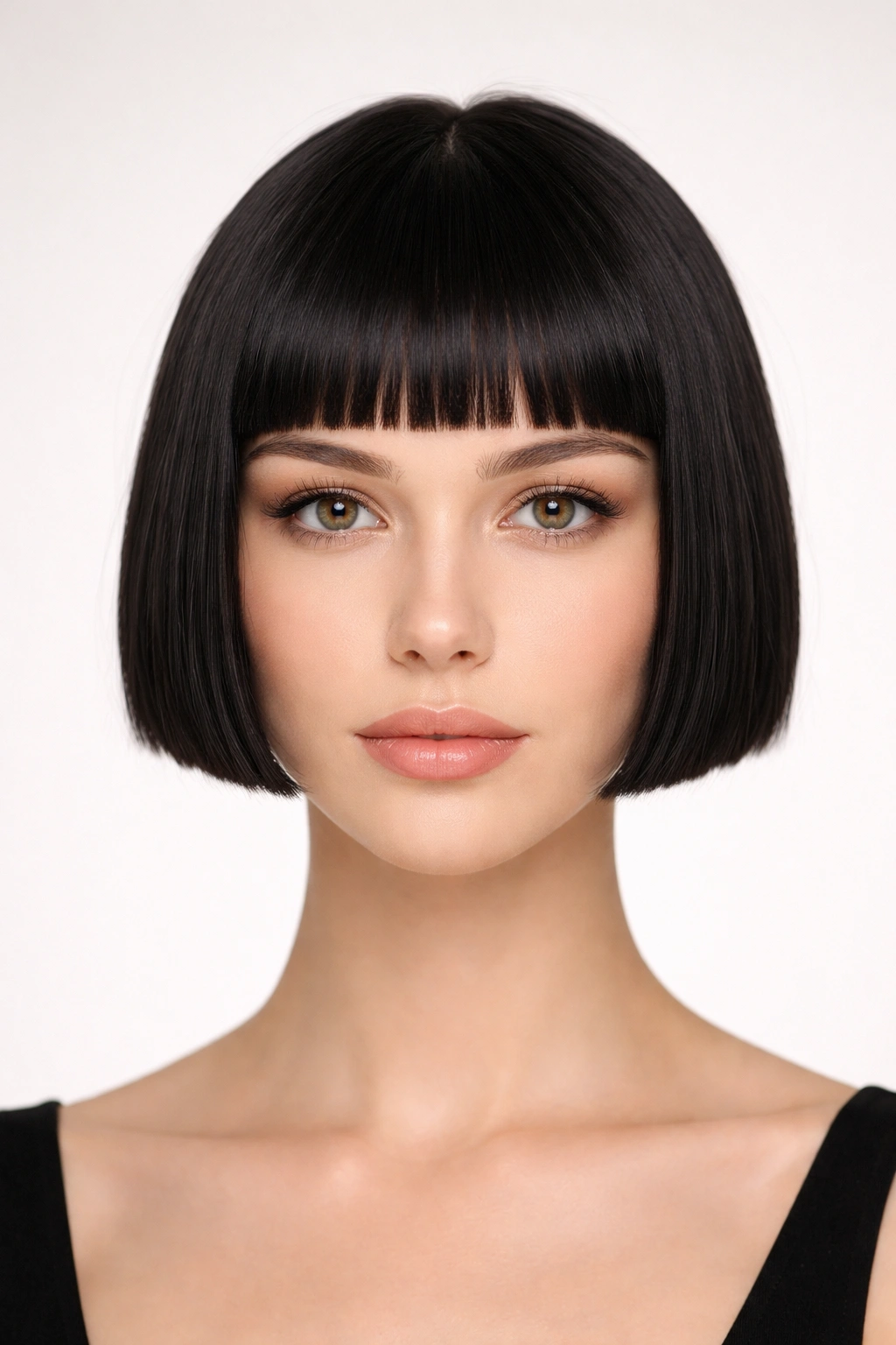 Close-up portrait of a person with blunt micro bob for oval faces with straight hair