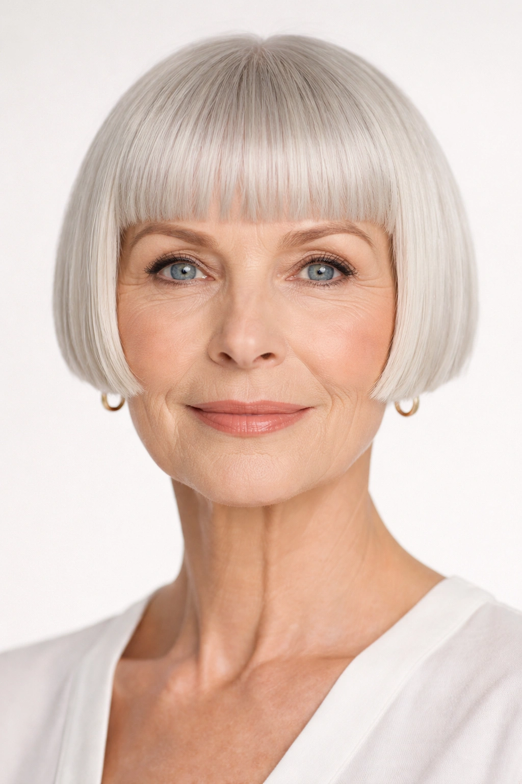 Close-up of a woman with a blunt micro bob and sharp edge under studio lighting