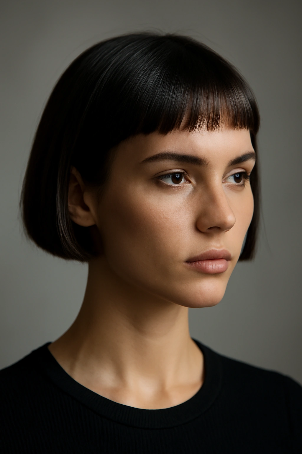 20 Bob Haircut Ideas From Short To Long Lengths 6 Close-up of a model with a blunt micro bob showing a bold ear-length silhouette.