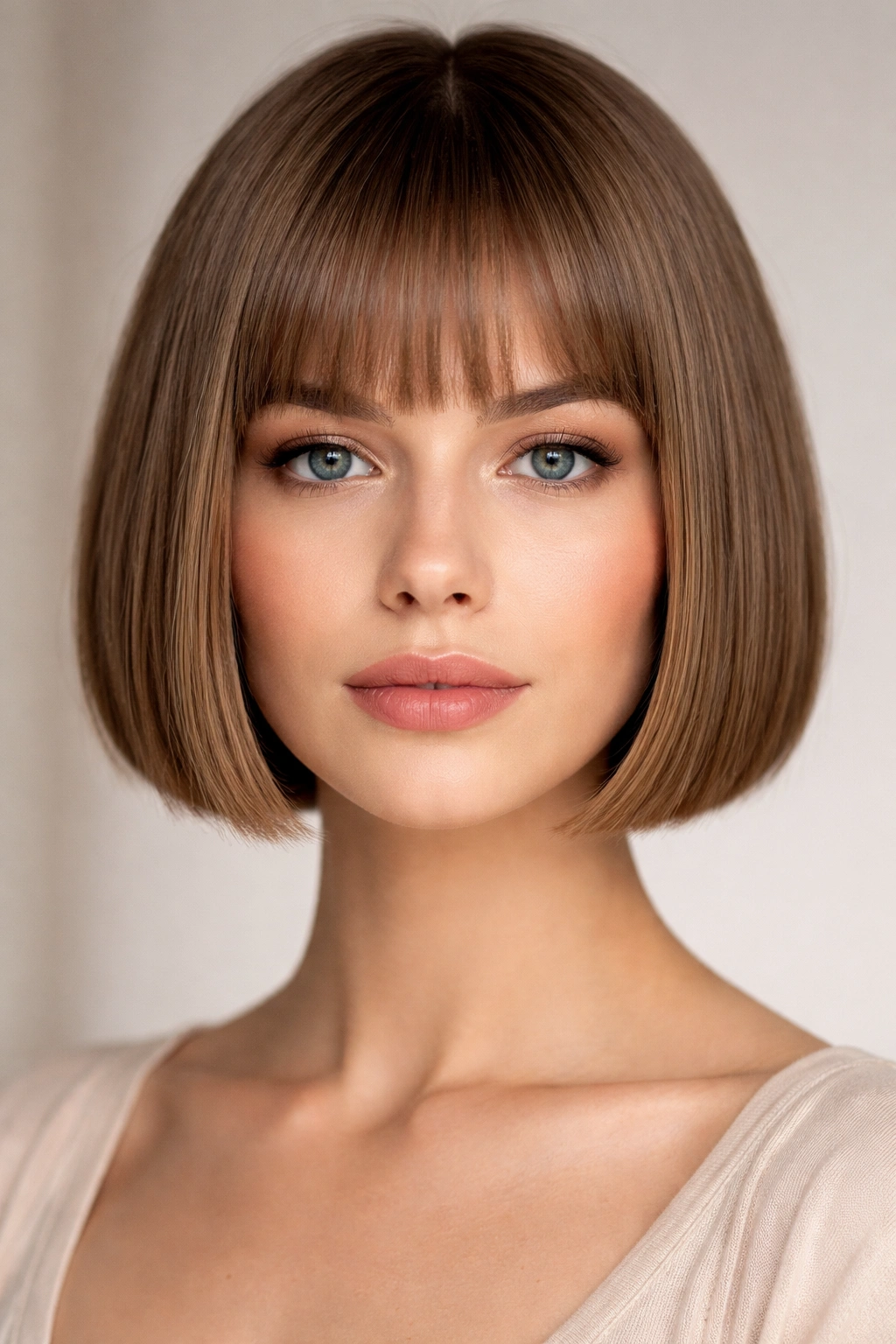 Portrait of a person with a blunt micro bob showing clean, even lines around the head
