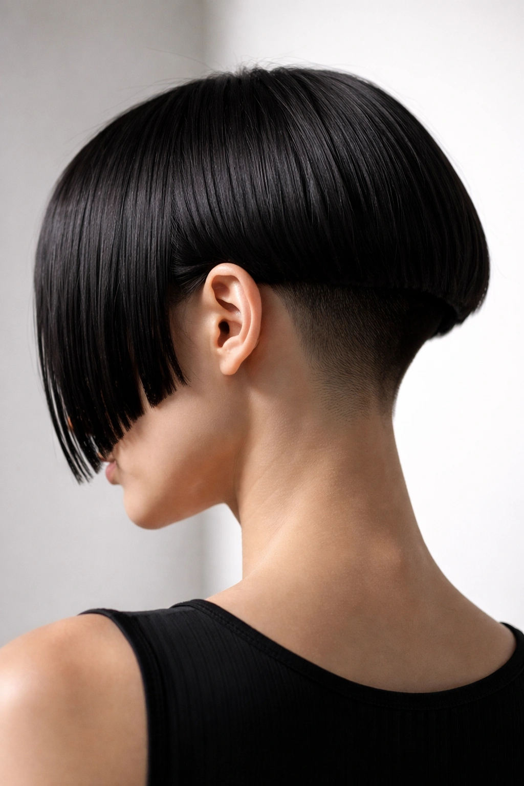 Profile shot of a model with blunt micro bob and undercut showing dramatic geometric silhouette.